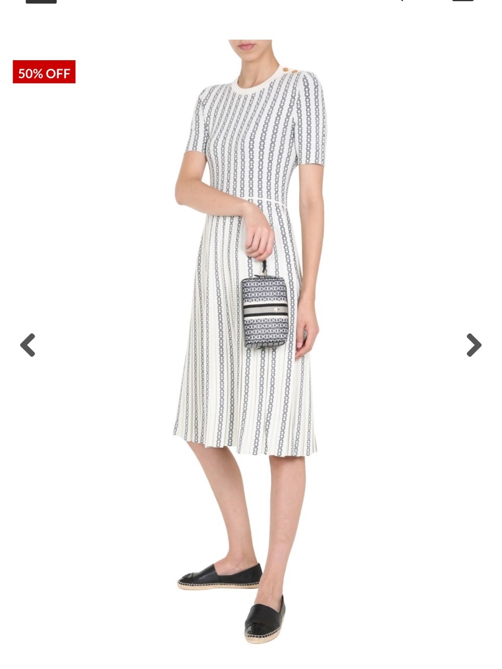 Tory Burch White and Navy Chain-Stripe Short-Sleeve Midi Dress